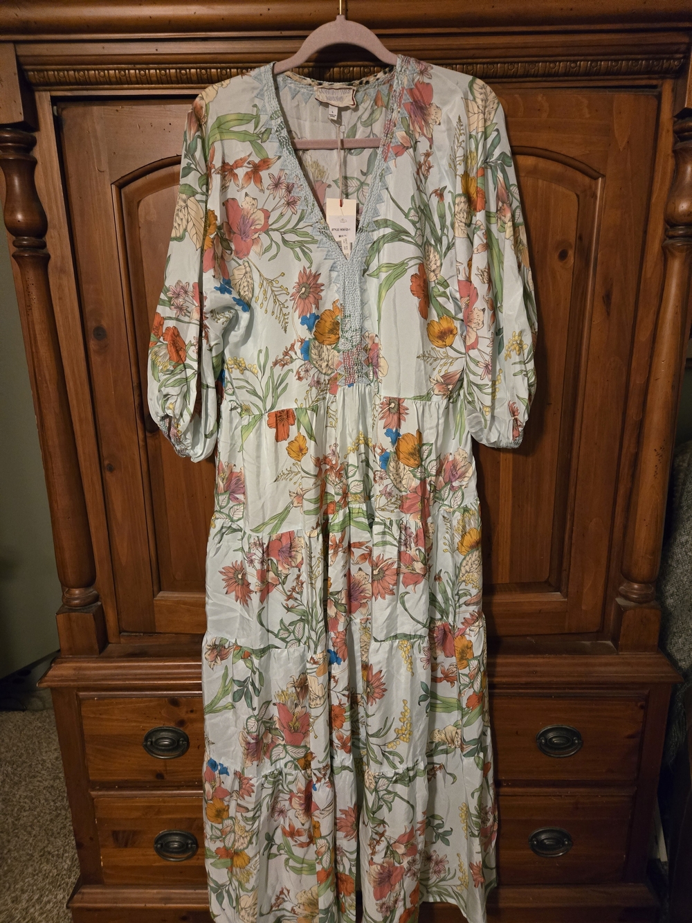 Johhny Was Workshop Silk Floral V-Neck Maxi Dress in Light Mint LARGE